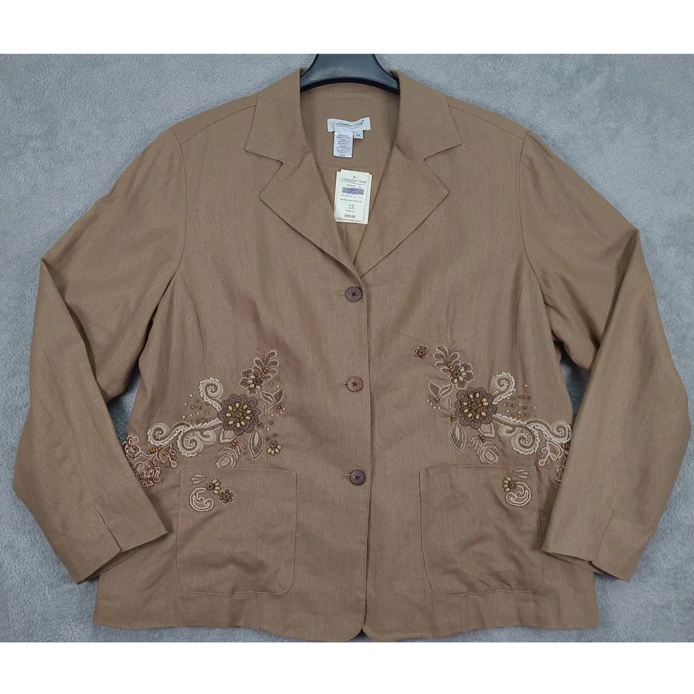 Coldwater Creek Neutral Embroidered Waist Jacket Blazer Linen Blend Women's 2X